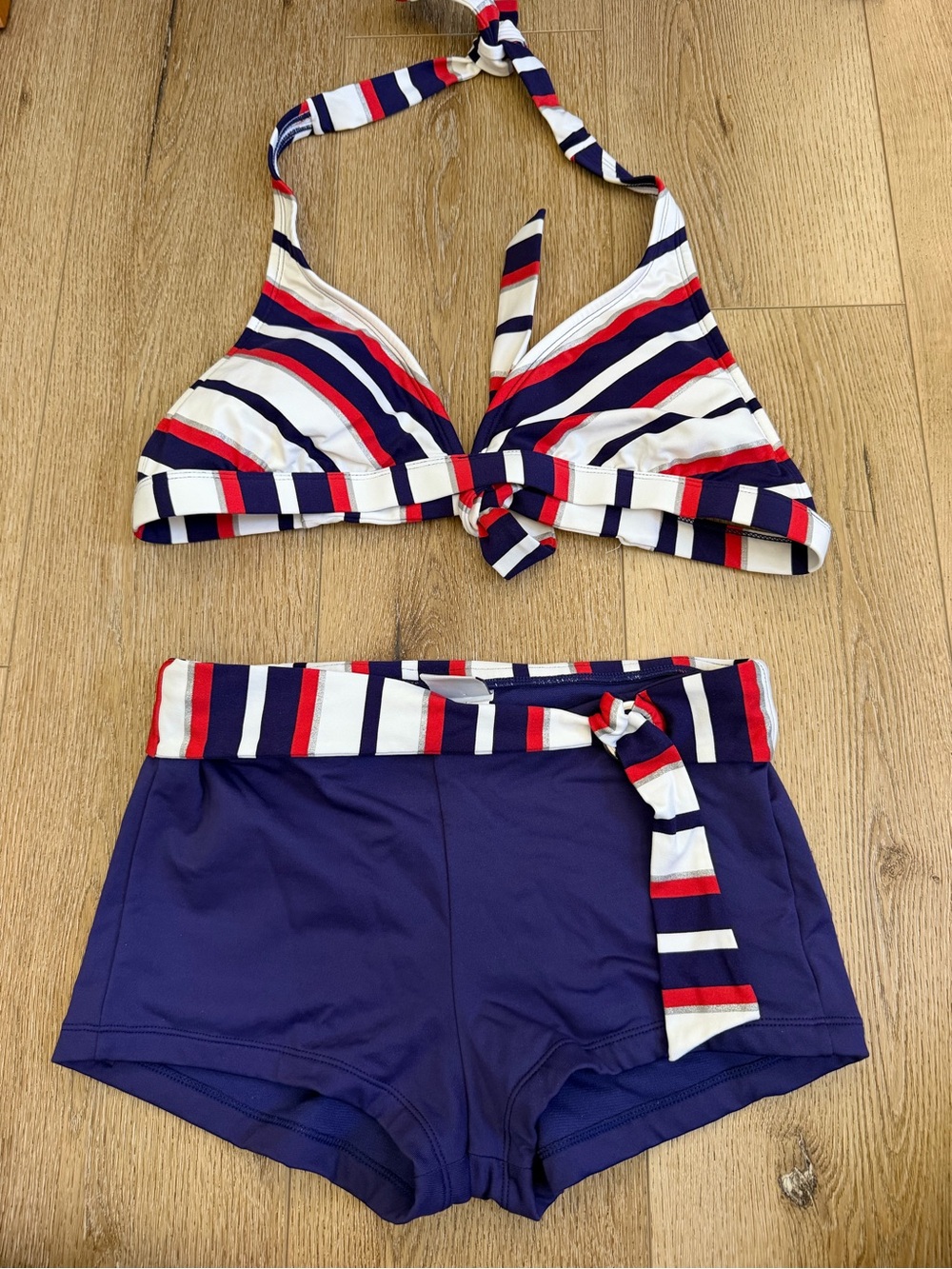 Navy Red & White Striped Two-Piece Swim Set